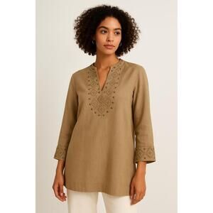 Madison 100% Linen Embroidered Studded Tunic Top Medium Boho Resort Artisan Fall